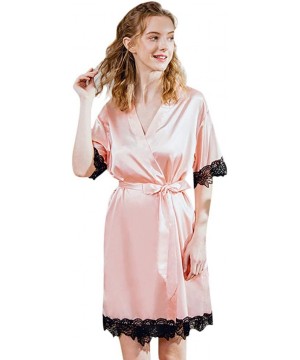 Robes Women Sexy Satin Kimono Fashion Lace Trim Pajamas Sleepwear Robe Long Sleeve Bathrobes Nightwear - Pink - CP194XLUHWL