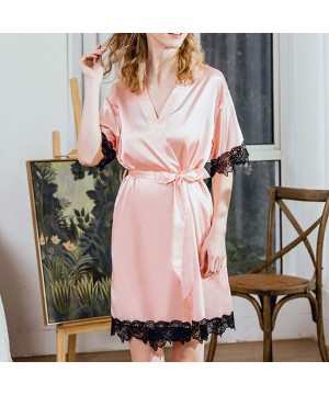 Robes Women Sexy Satin Kimono Fashion Lace Trim Pajamas Sleepwear Robe Long Sleeve Bathrobes Nightwear - Pink - CP194XLUHWL