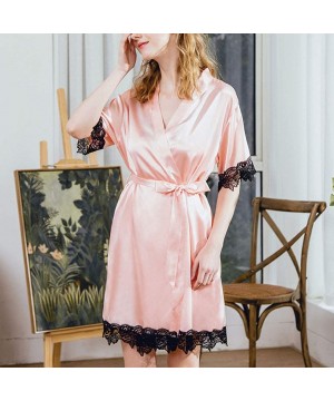 Robes Women Sexy Satin Kimono Fashion Lace Trim Pajamas Sleepwear Robe Long Sleeve Bathrobes Nightwear - Pink - CP194XLUHWL