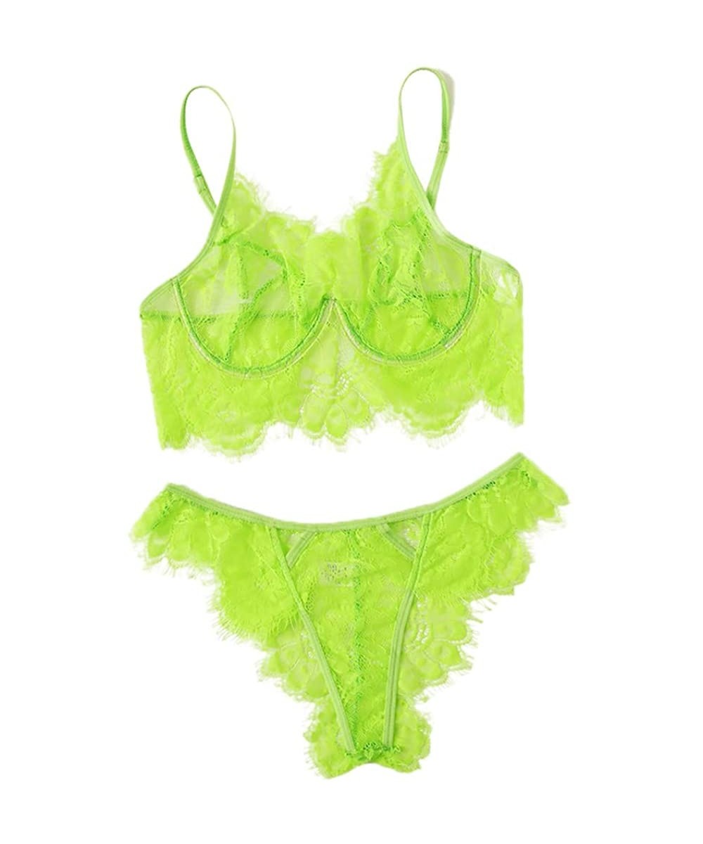 Shapewear Sexy Lingerie for Women- Two-Piece Women's Sexy Lace Bra Set Eyelash Sleepwear Pajamas Lingerie - Green - CM18UHLMNEU