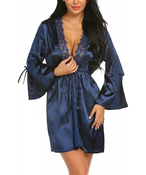 Robes Women's Sexy Lace Trim Kimono Robe Nightwear Nightgown Sleepwear Short Satin Robes for Women - Blue - CB18GLDHNZ9