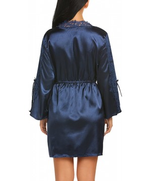 Robes Women's Sexy Lace Trim Kimono Robe Nightwear Nightgown Sleepwear Short Satin Robes for Women - Blue - CB18GLDHNZ9