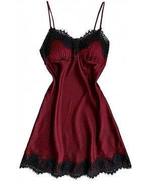 Nightgowns & Sleepshirts Women Lingeries Floral Lace Trim Satin Cami Pajama Sets - Wine Red - CX18RYIE7U2