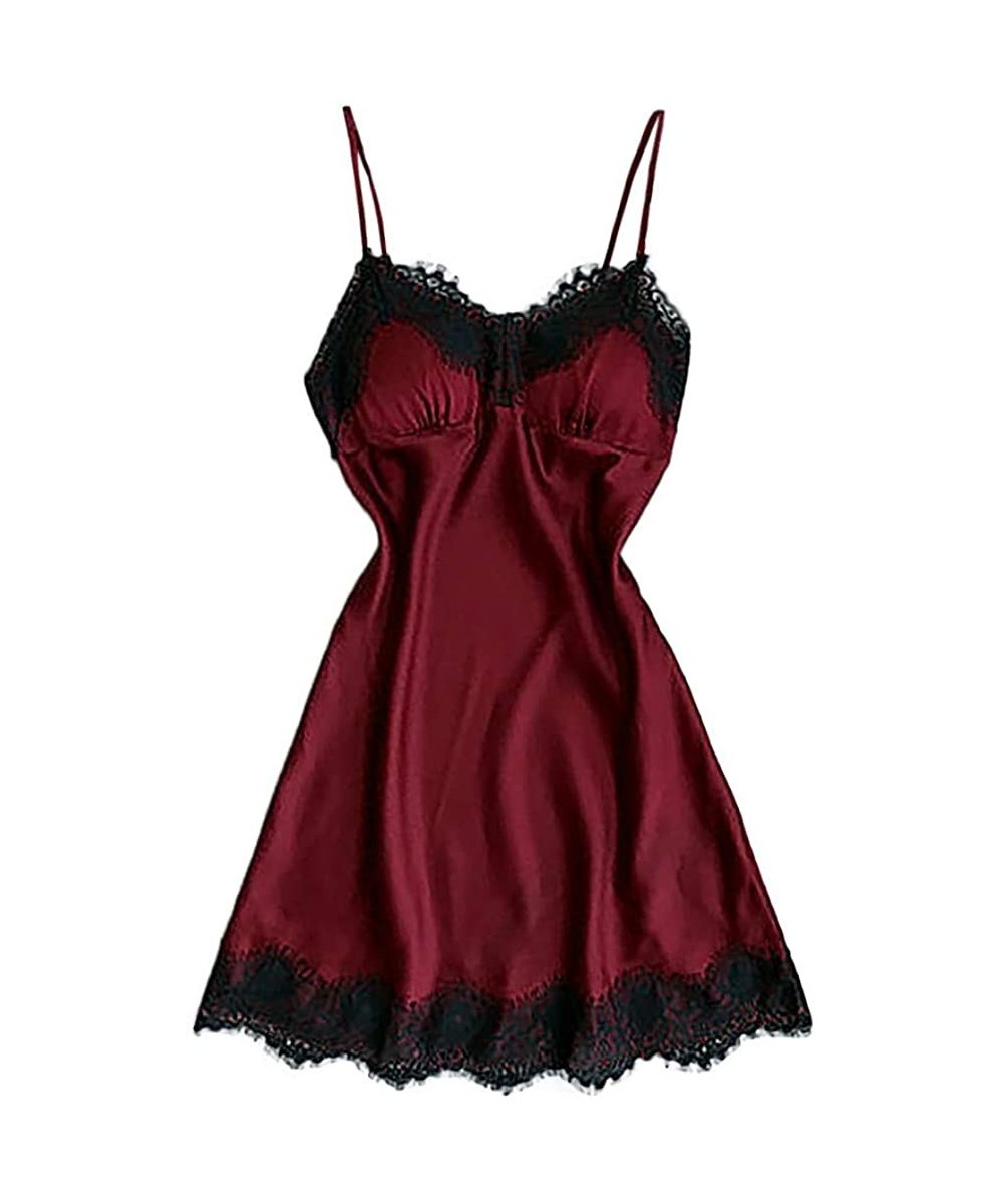 Nightgowns & Sleepshirts Women Lingeries Floral Lace Trim Satin Cami Pajama Sets - Wine Red - CX18RYIE7U2