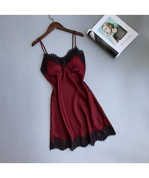 Nightgowns & Sleepshirts Women Lingeries Floral Lace Trim Satin Cami Pajama Sets - Wine Red - CX18RYIE7U2