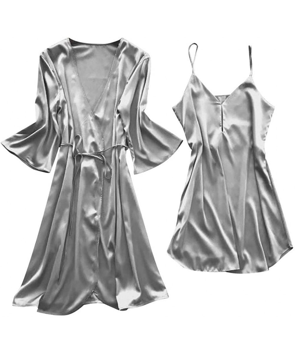 Robes Lingerie Women Silk Solid Robe Dress Babydoll Sleepwear Nightdress Pajamas Set - Gray - CE194L8EDDR