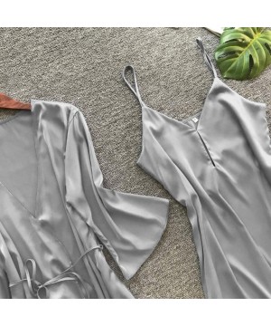 Robes Lingerie Women Silk Solid Robe Dress Babydoll Sleepwear Nightdress Pajamas Set - Gray - CE194L8EDDR