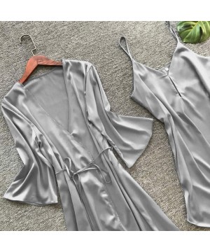 Robes Lingerie Women Silk Solid Robe Dress Babydoll Sleepwear Nightdress Pajamas Set - Gray - CE194L8EDDR