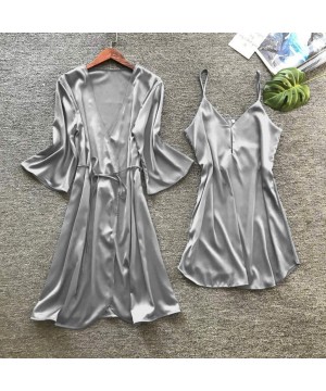 Robes Lingerie Women Silk Solid Robe Dress Babydoll Sleepwear Nightdress Pajamas Set - Gray - CE194L8EDDR