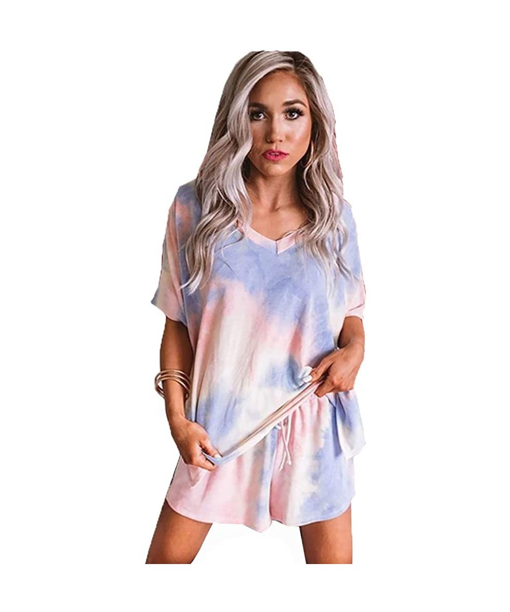 Sets Womens Tie Dye Short Pajamas Set Long Sleeve Tops and Shorts PJ Set Loungewear Nightwear Sleepwear Pink Purple 003 - CX1...