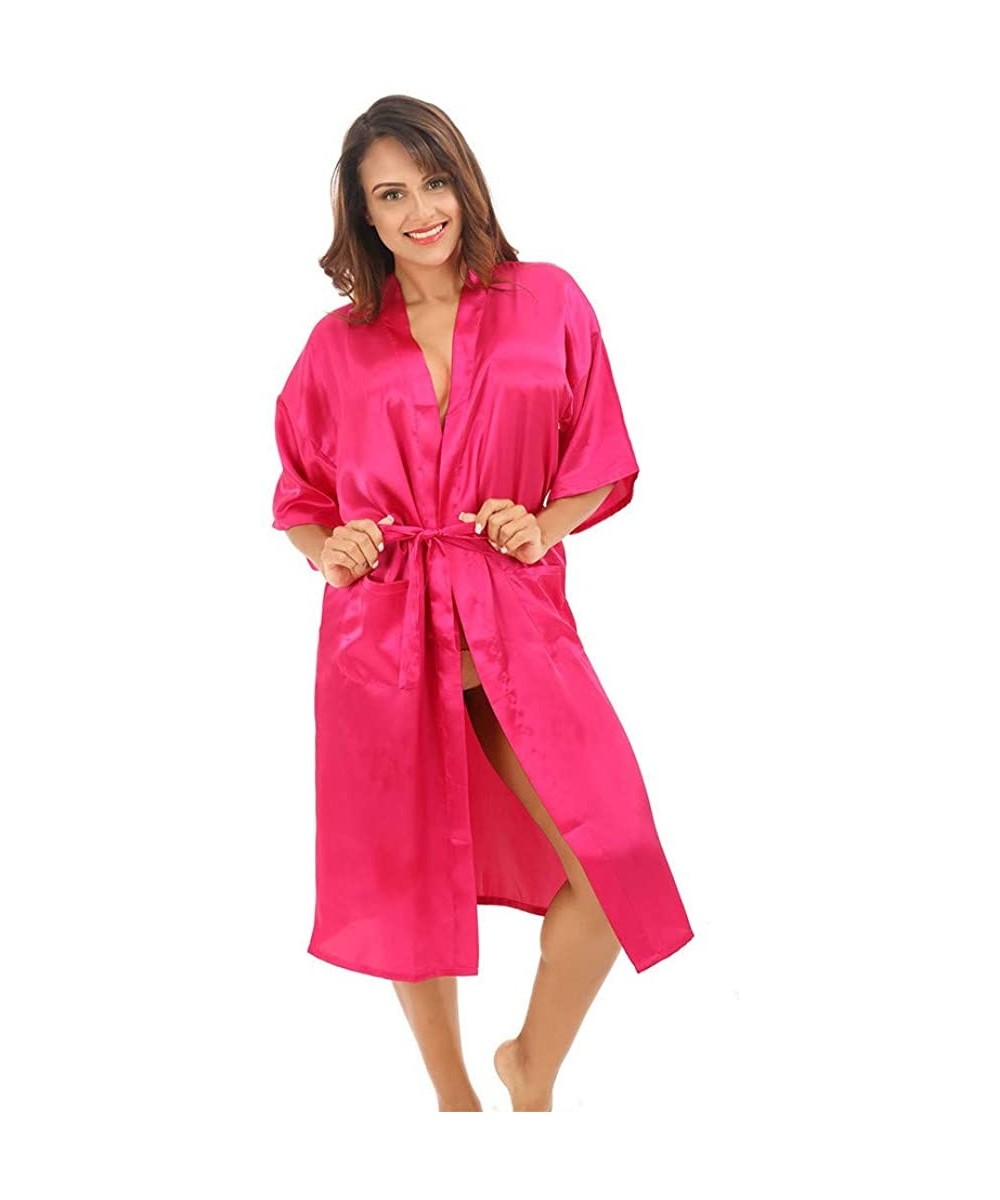 Robes Womens Pure Color Long Satin Bathrobe Kimono Nightgown Long Dress Gown - Hot Pink - CJ18U2IM29Z