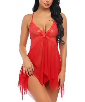 Nightgowns & Sleepshirts Women Lingerie Lace Babydoll V Neck Sleepwear Strap Chemise - Red - CN18524IZQ2