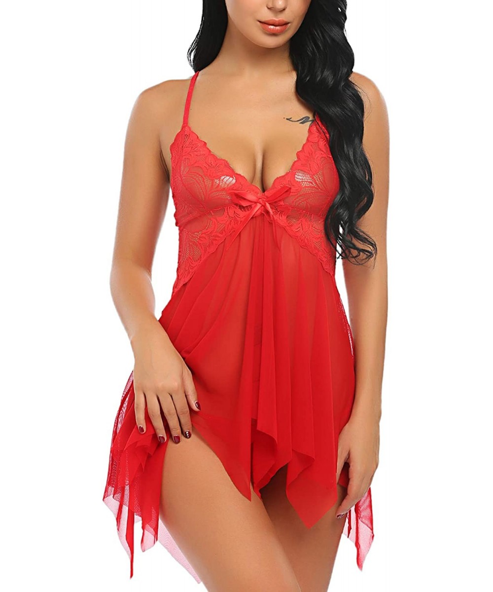 Nightgowns & Sleepshirts Women Lingerie Lace Babydoll V Neck Sleepwear Strap Chemise - Red - CN18524IZQ2