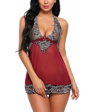 Baby Dolls & Chemises New Women V-Neck Lingerie Lace Babydoll Mesh Chemise Nightwear Bowknot Sleepwear - Wine Red - CY199UWDDYL