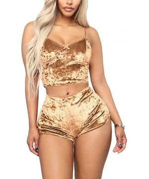 Sets Womens Velvet 2 Piece Outfit Sexy V-Neck Spaghetti Strap Crop Top Bodycon Shorts Set Loungewear - 4gold - C11944AUY2T