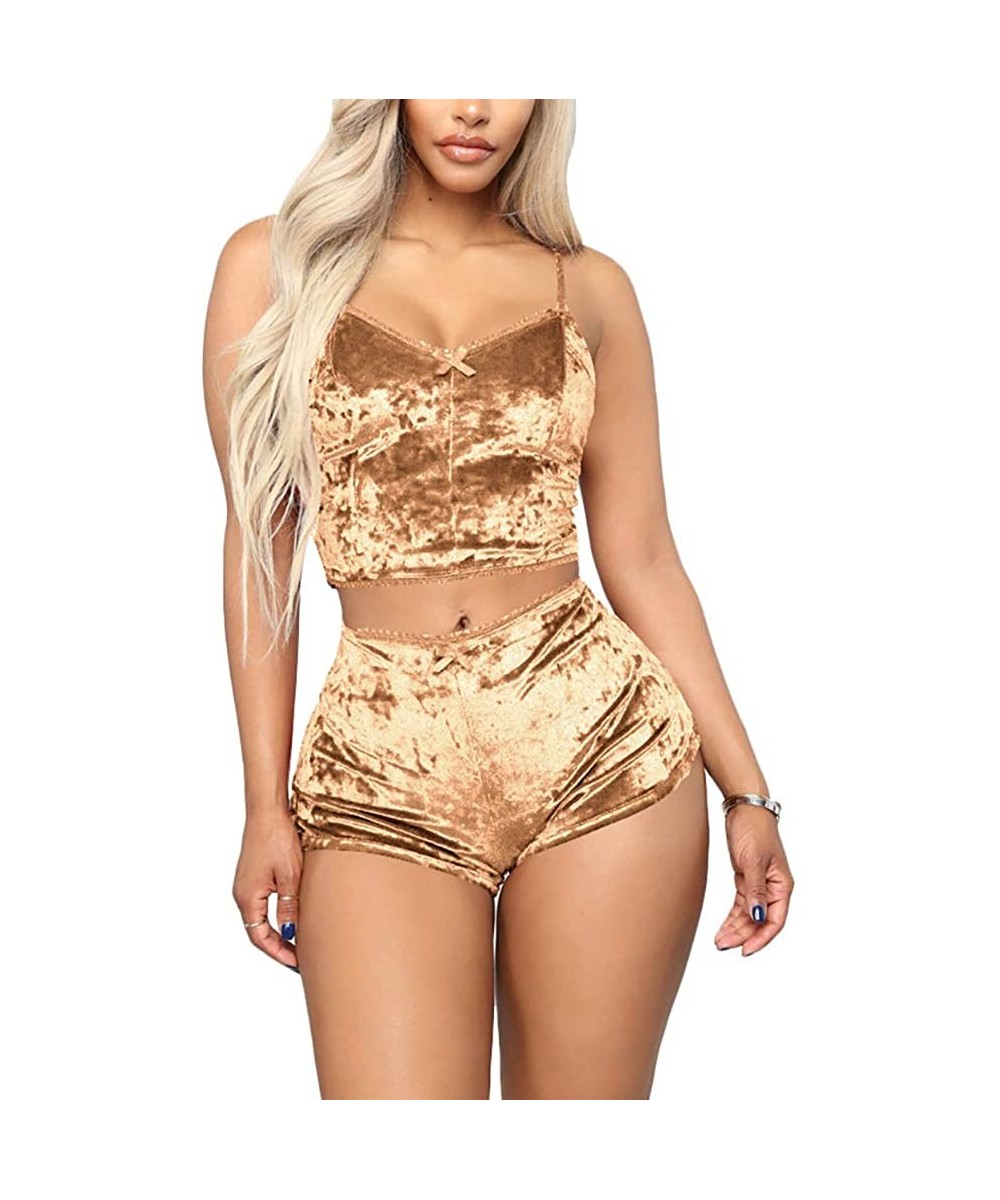 Sets Womens Velvet 2 Piece Outfit Sexy V-Neck Spaghetti Strap Crop Top Bodycon Shorts Set Loungewear - 4gold - C11944AUY2T