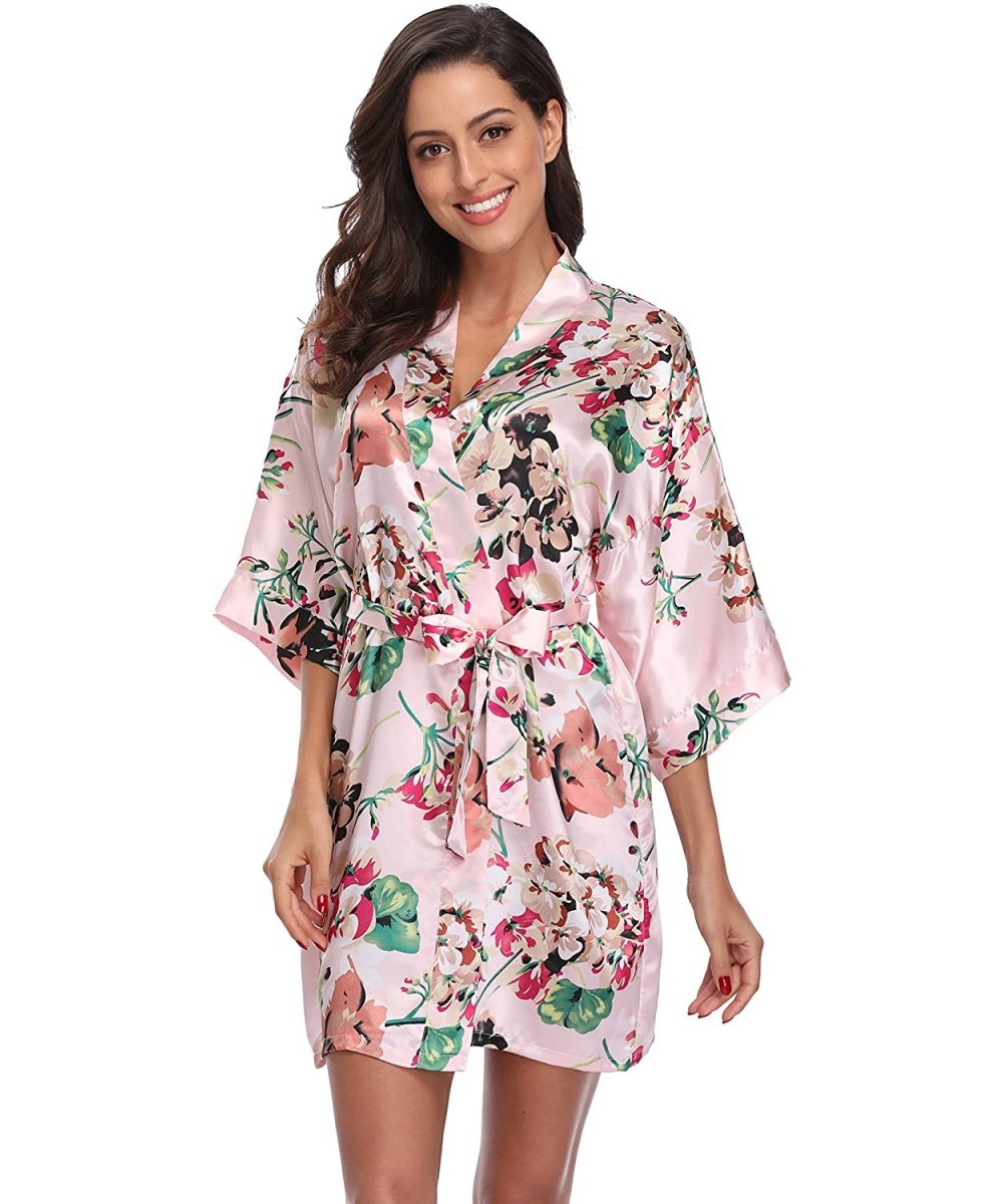 Robes Women's Floral Satin Robes Short Bridesmaid Robe Silky Kimono Bathrobe Wedding Bridal Dressing Gown - Pink - CP18EEDOA8C