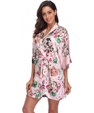 Robes Women's Floral Satin Robes Short Bridesmaid Robe Silky Kimono Bathrobe Wedding Bridal Dressing Gown - Pink - CP18EEDOA8C