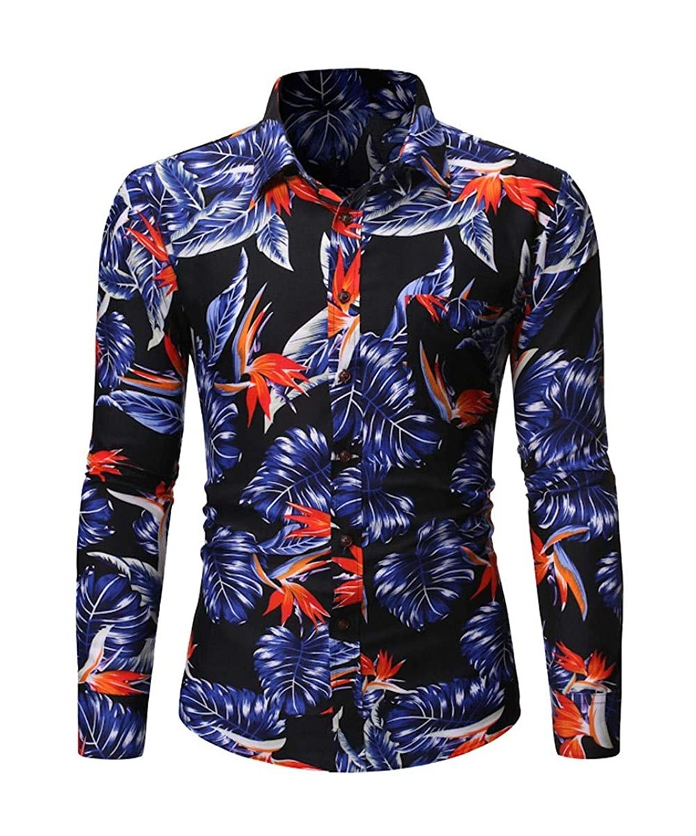 Trunks Men's Spring Summer Casual Slim Printed Long Sleeve Shirts Top Beach Blouse - Blue - CD195R3IMIY