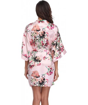 Robes Women's Floral Satin Robes Short Bridesmaid Robe Silky Kimono Bathrobe Wedding Bridal Dressing Gown - Pink - CP18EEDOA8C