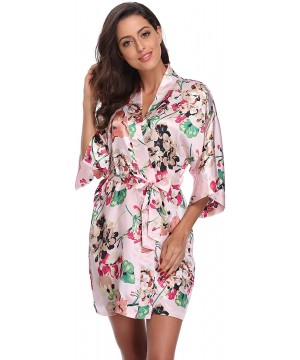 Robes Women's Floral Satin Robes Short Bridesmaid Robe Silky Kimono Bathrobe Wedding Bridal Dressing Gown - Pink - CP18EEDOA8C