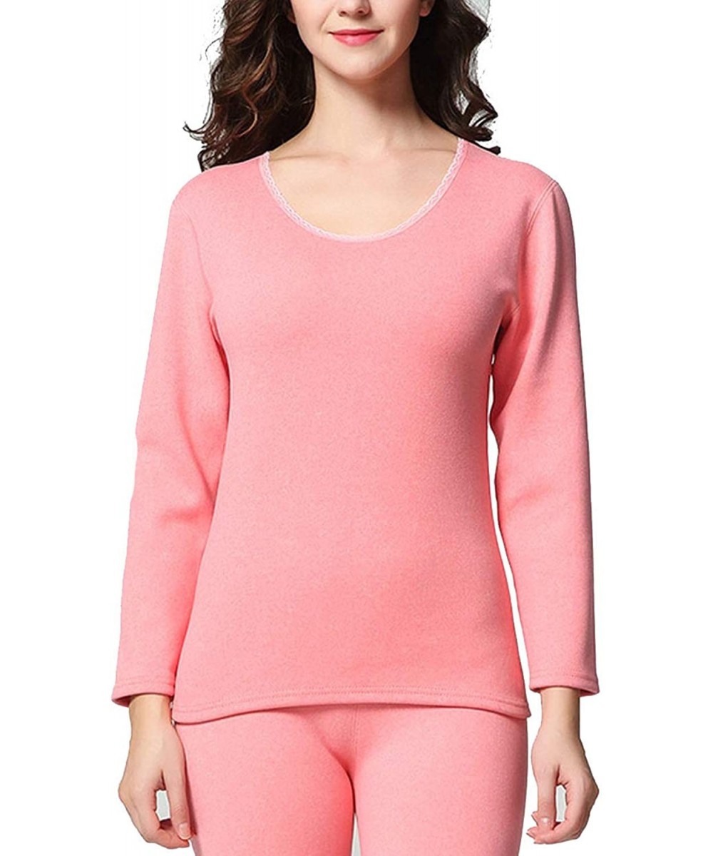 Thermal Underwear Rabbit Velvet Thermal Underwear for Women Slim Lace O Neck Long Warm Suit-Pink-M - CH1935GREQG