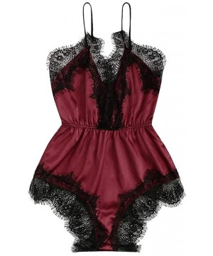 Sets Womens Lace Trim Velvet Bralette and Shorts Pajama Set Lace Satin Sleepwear Cami Top and Shorts Pajama Set K wine - CE19...