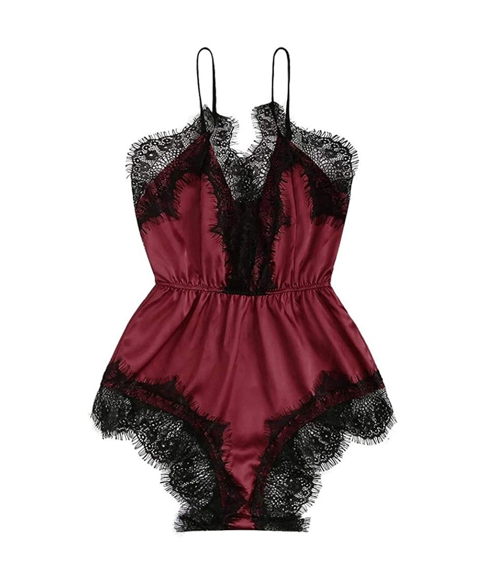 Sets Womens Lace Trim Velvet Bralette and Shorts Pajama Set Lace Satin Sleepwear Cami Top and Shorts Pajama Set K wine - CE19...