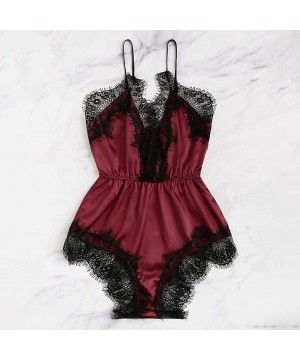 Sets Womens Lace Trim Velvet Bralette and Shorts Pajama Set Lace Satin Sleepwear Cami Top and Shorts Pajama Set K wine - CE19...