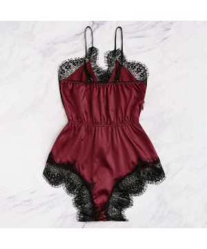 Sets Womens Lace Trim Velvet Bralette and Shorts Pajama Set Lace Satin Sleepwear Cami Top and Shorts Pajama Set K wine - CE19...