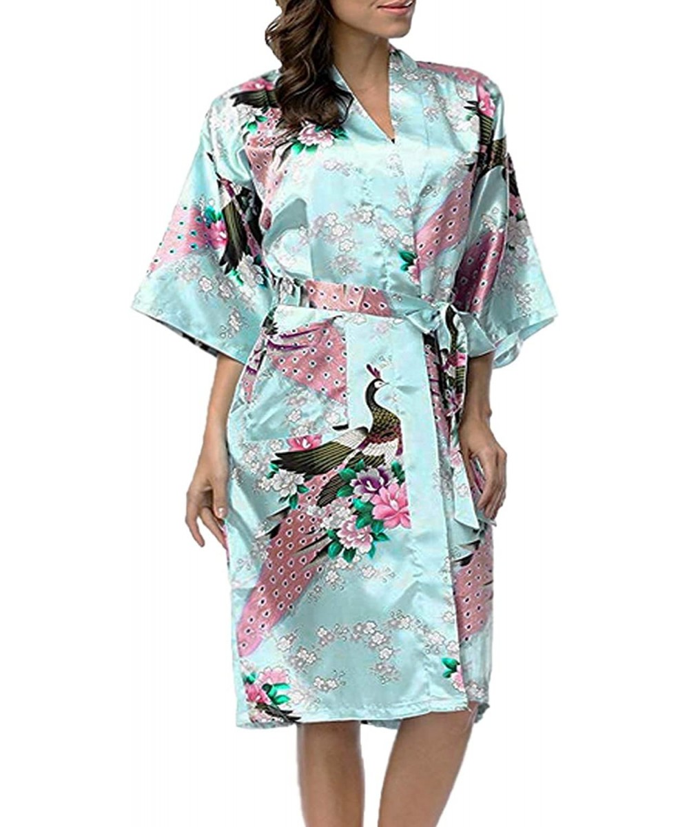 Robes Womens Medium Length Silk Kimono Robes- Sizes 2 to 18- Floral Print - Sky Blue - C812D7P3G43