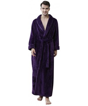 Robes Mens Solid Thicken Coral Fleece Robe Bathrobe Gown Pajamas Sleepwear Pocket - Purple - CM194IA0Q6L