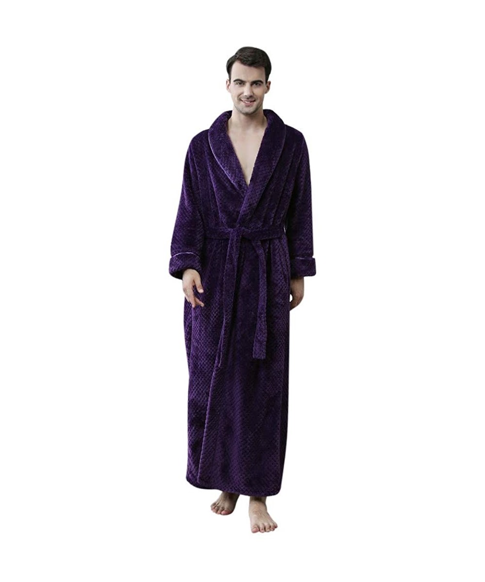 Robes Mens Solid Thicken Coral Fleece Robe Bathrobe Gown Pajamas Sleepwear Pocket - Purple - CM194IA0Q6L