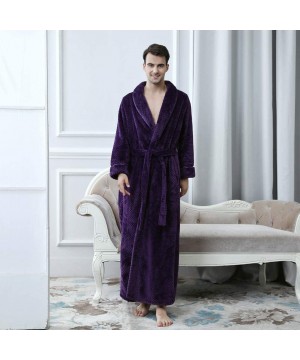 Robes Mens Solid Thicken Coral Fleece Robe Bathrobe Gown Pajamas Sleepwear Pocket - Purple - CM194IA0Q6L