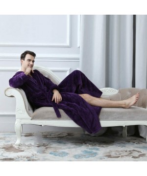 Robes Mens Solid Thicken Coral Fleece Robe Bathrobe Gown Pajamas Sleepwear Pocket - Purple - CM194IA0Q6L