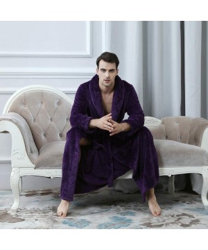 Robes Mens Solid Thicken Coral Fleece Robe Bathrobe Gown Pajamas Sleepwear Pocket - Purple - CM194IA0Q6L