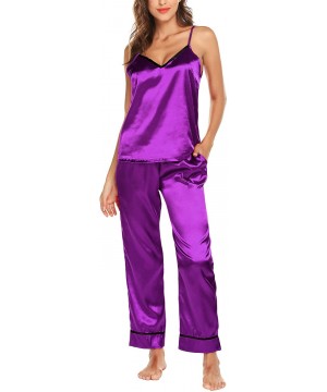 Sets Satin Pajamas Set Silk Sleepwear Cami Nightwear Soft Lingerie PJ Set - Purple - CO18KL0NXG5