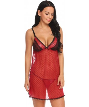 Baby Dolls & Chemises Women's Lingerie Lace Babydoll Strap Chemise Nighty Mesh Sleepwear Outfits - Dark Red (6826) - CH18T5I0N4N