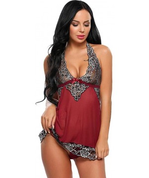 Baby Dolls & Chemises New Women V-Neck Lingerie Lace Babydoll Mesh Chemise Nightwear Bowknot Sleepwear - Wine Red - CY199UWDDYL