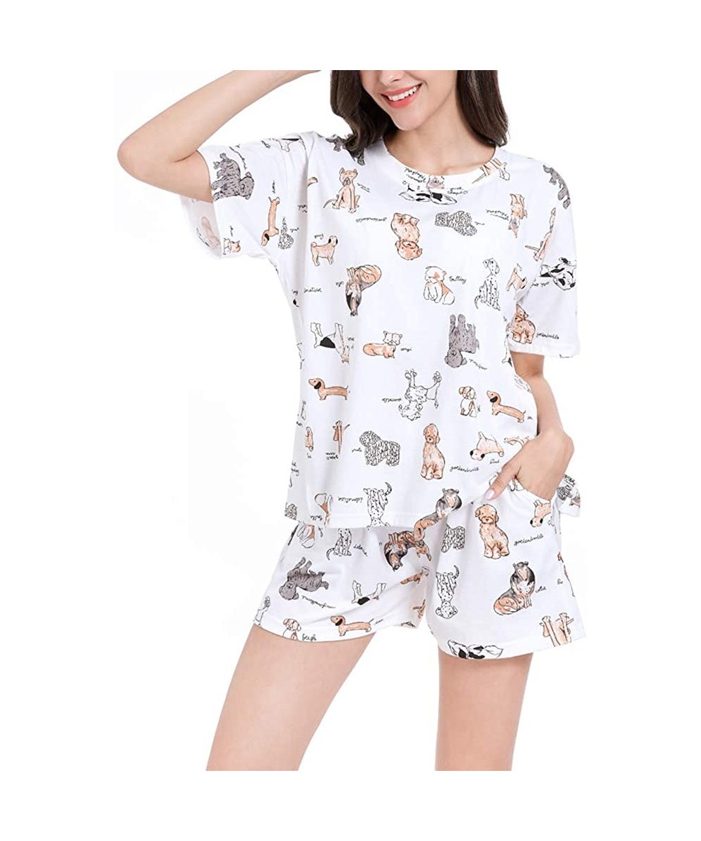 Sets Women's Fashion Dog Print Sleepwear Tee and Shorts Cute Cat Pattern Pajama Sets - White - CJ18Y3ZGQSD