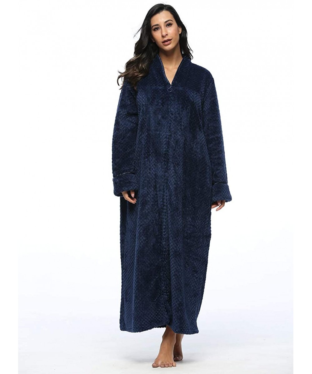 Robes Women Fleece Robe with Satin Trim- Luxurious Super Soft Plush Long Bathrobe Zipper Kimono - Deep Blue - CZ18IQ2YC48