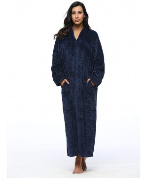 Robes Women Fleece Robe with Satin Trim- Luxurious Super Soft Plush Long Bathrobe Zipper Kimono - Deep Blue - CZ18IQ2YC48