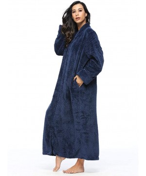 Robes Women Fleece Robe with Satin Trim- Luxurious Super Soft Plush Long Bathrobe Zipper Kimono - Deep Blue - CZ18IQ2YC48