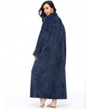 Robes Women Fleece Robe with Satin Trim- Luxurious Super Soft Plush Long Bathrobe Zipper Kimono - Deep Blue - CZ18IQ2YC48