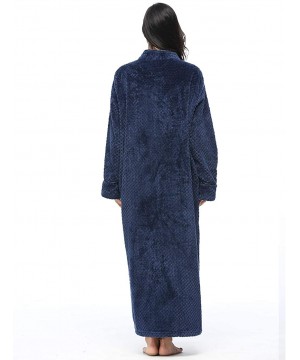 Robes Women Fleece Robe with Satin Trim- Luxurious Super Soft Plush Long Bathrobe Zipper Kimono - Deep Blue - CZ18IQ2YC48