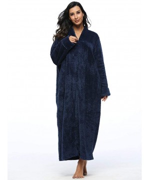 Robes Women Fleece Robe with Satin Trim- Luxurious Super Soft Plush Long Bathrobe Zipper Kimono - Deep Blue - CZ18IQ2YC48