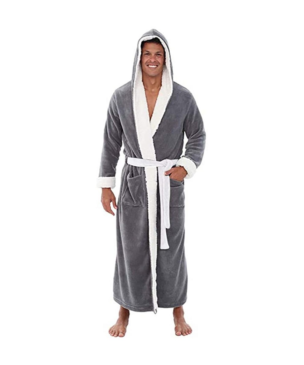 Robes Men's Robe with Hoodies Winter Warm Big and Tall Long Sleeved Shawl Bathrobe Home Clothes Coat - Gray - CM18MG9C68X