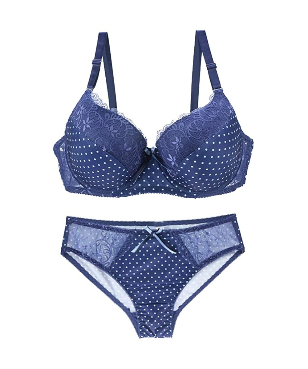 Bras Women Bra and Panty Set Satin Bowknot Lace Polka Dot Underwire Bras Lingerie Set - Royal Blue - CF18QKU7CDA