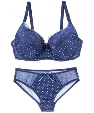 Bras Women Bra and Panty Set Satin Bowknot Lace Polka Dot Underwire Bras Lingerie Set - Royal Blue - CF18QKU7CDA