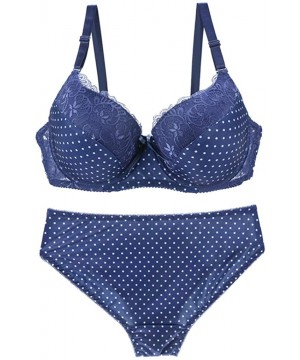 Bras Women Bra and Panty Set Satin Bowknot Lace Polka Dot Underwire Bras Lingerie Set - Royal Blue - CF18QKU7CDA